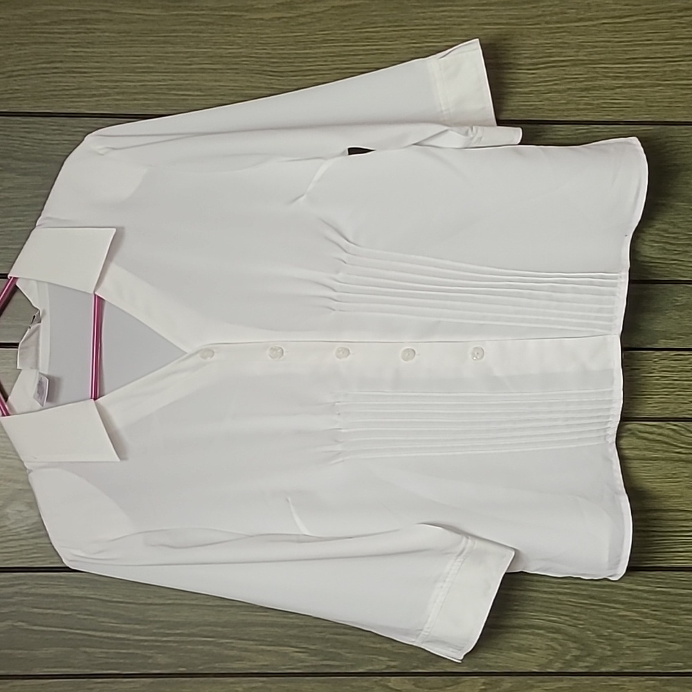 Vintage White Button Down Blouse Pleated Front 3/4 Sleeves